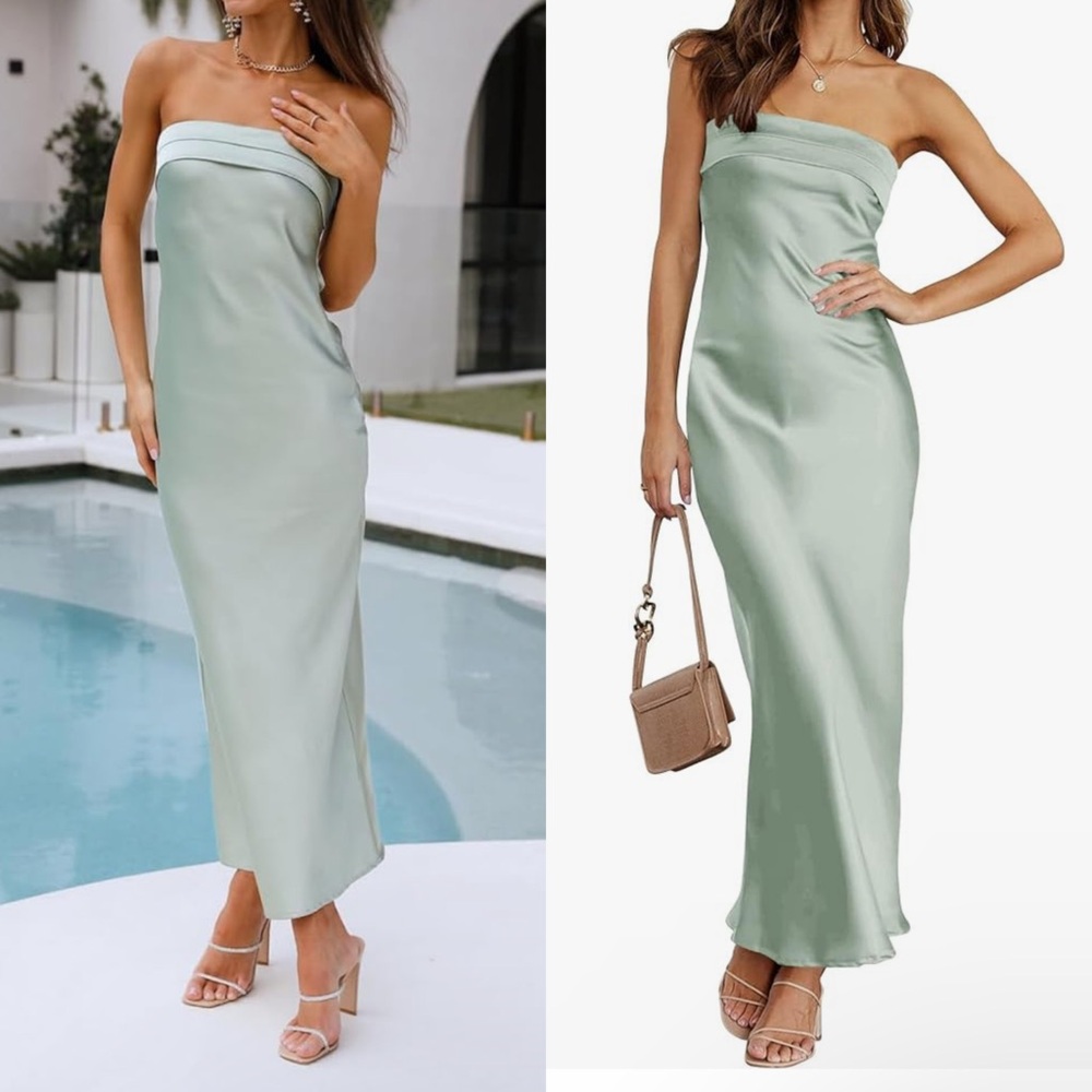 Strapless Satin Maxi Dress - Sage Green
